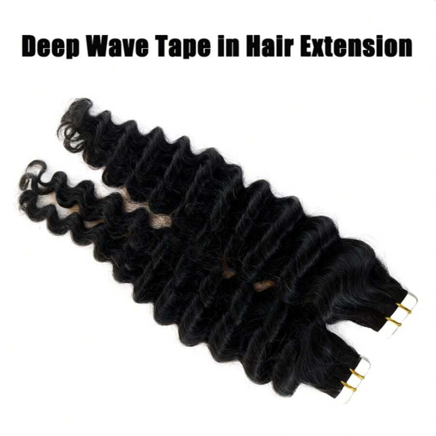 Human Hair Brazilian Deep Wave Tape-In Extensions - Full Head 20 Pcs/Pack,Human Hair Curly Tape In Human Hair Extensions Tape Ins Black Salon High Quality #1B