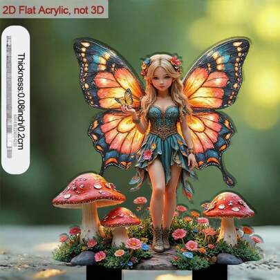 2D Flat Fairy With Butterfly Wings Garden Stake - 2D Flat Acrylic Outdoor Decor, With Sharp Base, Vibrant Green And Gold Fairy, Mushroom-Shaped Top With Red Cap, Durable Lightweight Design, Suitable For Flower Beds, Lawns