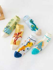5双儿童薄款短袜，卡通恐龙图案，透气网眼婴儿袜，夏季适用，男童款 - 彩色 - 查看 7