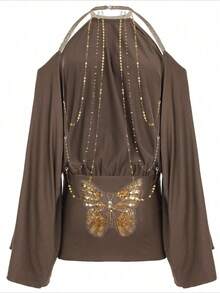 Women's Sexy Backless Halter Mini Dress - Gold Butterfly Embroidery, Draped Batwing Sleeves, Metallic Chain Detail Bodycon Club Outfit Prom Dresses Vacation Outfits Women Summer Dresses For Women - 棕色 - 查看 5