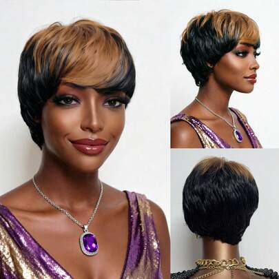 渐变蜂蜜金合成精灵短发假发，直发波波头短发带刘海，适合