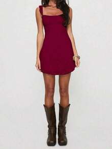 Elegant Fashion Ruffle Strap Bow Design Lace Patchwork Sleeveless Slim Fit Mini Dress Party Summer - Burgundy - View 7