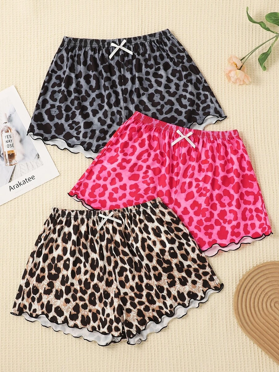 3pcs Plus Size Women Leopard Print Shorts Pajama Pants Set, Loose Comfortable Casual Wear For Summer