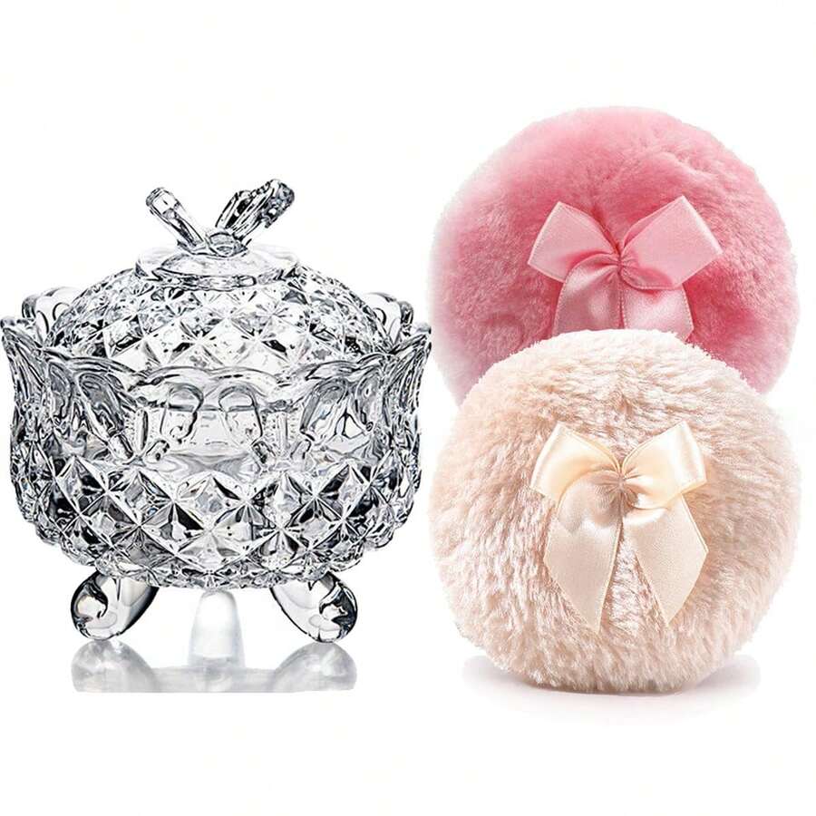 Luxury 4 Inch Glass Powder Container With 2 Soft Puffs For Loose Powder - 1 Beige 1 Pink Bow Puffs With Butterfly-clear - View 1