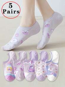 5 Pairs Cute Cartoon Sweet Japanese Style Thin Invisible Socks For Women, Spring/Summer - Multicolor - View 1