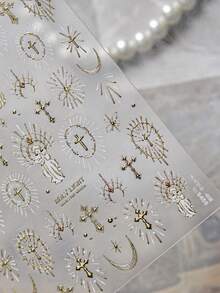 1pc 5D Gold-Plated Nail Sticker, Luxury Exquisite Nail Sticker, Retro Halo Faith Nail Sticker, DIY Nail Sticker - Gold - View 4