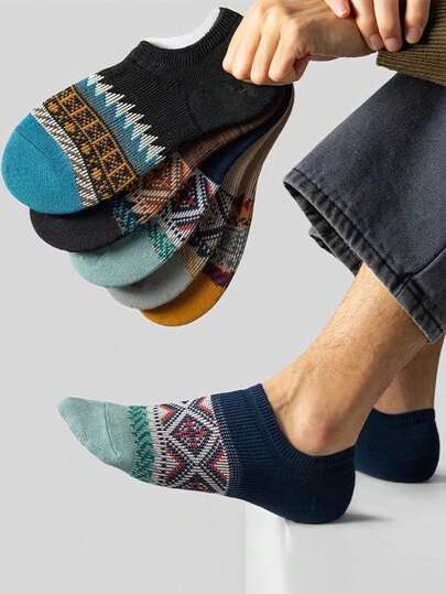 5 pares de calcetines tipo barco con patrón geométrico retro unisex, calcetines invisibles transpirables y antideslizantes, estilo retro adecuado para uso diario en todas las estaciones