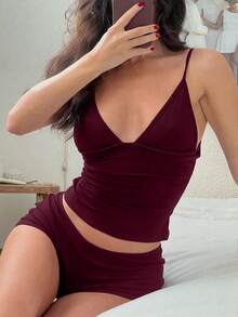 Solid Color Camisole And Shorts Set, Suitable For Beach Vacation Summer - Burgundy - View 3