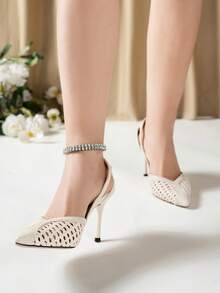 Women's Pointed Toe Glamorous Fashion Mesh Breathable Sexy Party Wedding Versatile Rhinestone Pumps - Apricot - View 5