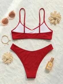 波西米亚风可调节肩带V领性感休闲优雅比基尼套装，适合海滩、度假、约会、派对等场合。 - 紅色 - 查看 3
