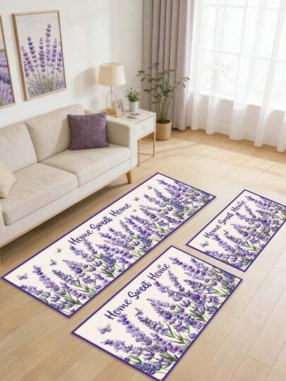 Lavender Non-Slip, Polyester Material Doormat, 40*60/50*80/40*120cm, Soft Plush Surface, Floral Pattern, Suitable For Indoor And Outdoor Use, Applicable To Living Room, Bedroom, Kitchen, Bathroom, Balcony And Hardwood Floor, Living Room Carpet, Bathroom Accessories, Back To School Season, Birthday Party, Entrance Decor