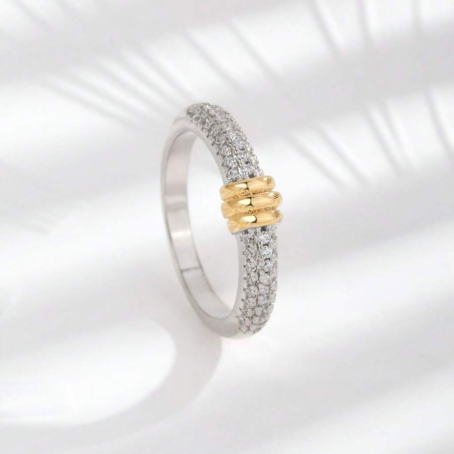 1枚简约18K镀金铜锆石戒指，适合女士日常佩戴 - 彩色 - 查看 1