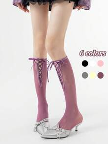 1/3 Pairs Spring/Summer Thin Knee-High Socks, Ballet-Style Criss-Cross Leg Warmers, Lolita Bow Knee Socks, Mesh Hollow Thigh-High Socks, No-Show Ankle Socks, Straight-Cut Socks - Multicolor - View 3