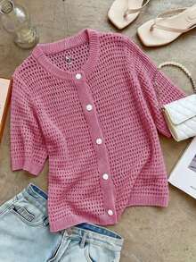 FOR BEAUTY Summer New Round Neck Short Sleeve Knit Cardigan, Women Loose Hollow Thin Button Cream Yellow Top, Casual Versatile, Suitable For Street Shopping And New Year Wear Spring - 深粉紅色 - 查看 9