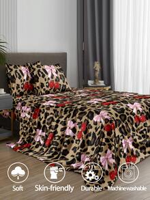 4件套豹纹樱花图案床上用品，包含1个床笠、1个床单、2个枕套（不含枕芯）。适用于厚度不超过11.8英寸的特大号、大号、标准双人床和单人床。柔软透气，抗皱，酒店级品质，是送给父母、朋友的理想礼物。 - 棕色 - 查看 2