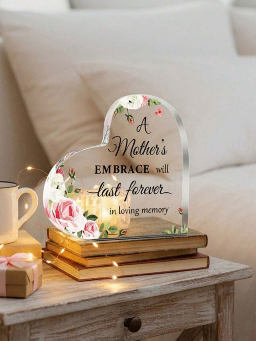 1pc Transparent Acrylic Heart-Shaped Desktop Decor, High Clarity And Durable Quality, Elegant English Blessing Design, Minimalist And Warm Ins Style, Suitable For Bedroom, Living Room, Desk, Vanity, Thoughtful Mother's Day Gift Combining Home Decor And Commemorative Meaning, Creating A Soothing And Uplifting Ambiance