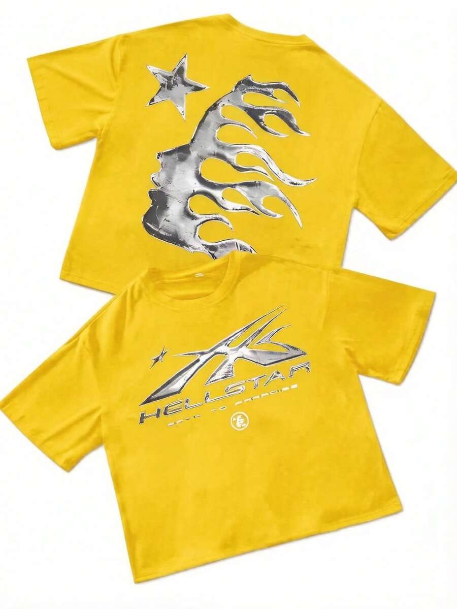 [ Y2K Style ] Metallic Flame Profile Printed T-Shirt For Children, Polyester Fiber Short Sleeve,  Hip Hop Style, Daily Wear, Soft And Comfortable T-Shirt - 黃色 - 查看 1