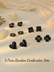 3 Pairs Random Assorted Earrings Set - Black Stainless Steel Personalized Earrings, Gold Tone Earring Set, Asymmetrical Geometric Floral Earring Set, Minimalist Square Earring Set, Heart Stud Earrings, Vintage Jewelry - Gold - View 2