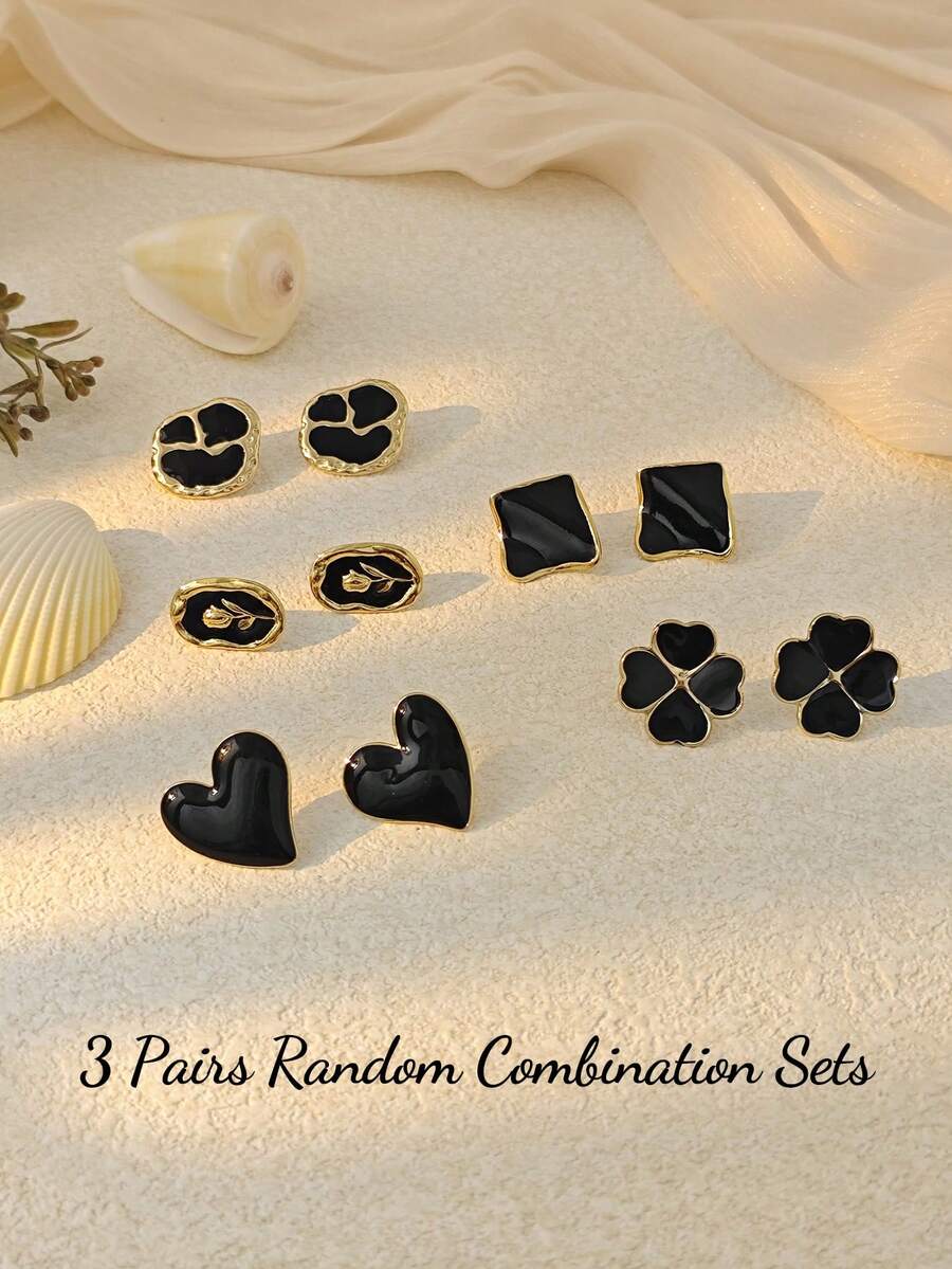 3 Pairs Random Assorted Earrings Set - Black Stainless Steel Personalized Earrings, Gold Tone Earring Set, Asymmetrical Geometric Floral Earring Set, Minimalist Square Earring Set, Heart Stud Earrings, Vintage Jewelry