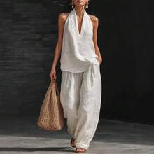 2026 Spring And Summer French Temperament Neck V-Neck Leaking Back Top, Cool Feeling Comfortable And Thin Wide-Leg Pants Set,Trajes Elegantes De Mujer,Conjunto De Dos Piezas Mujer - 白色 - 查看 3