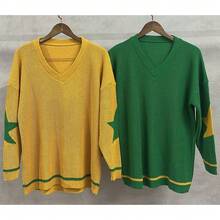 Elegant Women's Sweater In Yellow And Green Knit With Green Stars On The Sleeves And A V-Neck With The Logo Of Brazil Soccer. - 黃色 - 查看 3