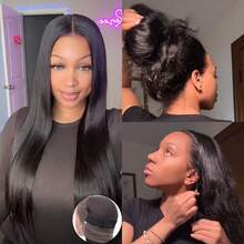 ZHENDEFA 360° Seamless Invisible Lace Front Wig, Transparent Mesh, No Glue No Trace, With Elastic Drawstring, Pre-Trimmed Brazilian Straight Hair, 200% Density - SNatural - View 3