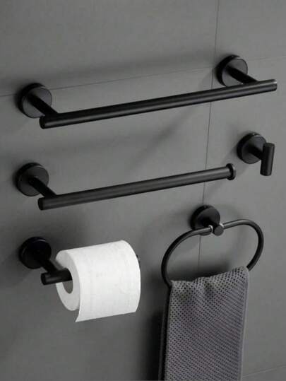 1pc Stainless Steel Towel Bar With Mounting Holes, Bathroom Towel Rack, Tissue Paper Holder, Multi-Function Storage Bar With Hooks