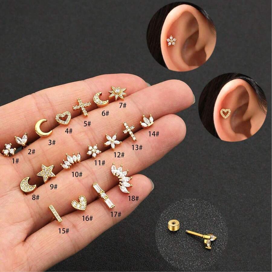 1 chiếc khuyên tai bằng thép titan, đính bi nhỏ, kiểu dáng vít xoay, thích hợp làm quà tặng, nhiều kiểu dáng khác nhau. - Vàng - Xem 1