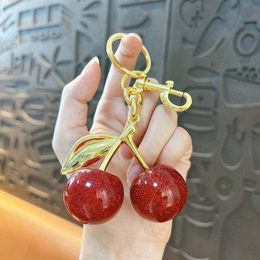 1个男女通用水晶樱桃钥匙扣，时尚樱桃包包挂饰，情侣及闺蜜礼物，可送给母亲、父亲、毕业生和老师 - 彩色 - 查看 1
