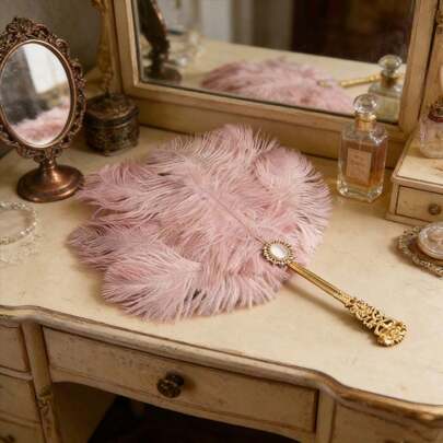 1pc Vintage Palace Style Luxury Artificial Fur Fan, Gold Carved Diamond & Pearl Decorated Handle, Hanfu & Cheongsam Photography Prop, Elegant Hand Fan For Banquet & Party, Fashion Accessory & Home Decor, Women's Day Gift, Travel Essential, Wedding Favor, Bedroom Decor, Kitchen Decor, Cute Item, Mother's Day Gift, Bedroom Decor, Garden Decor, Kitchen Decor, Summer Decor, Beach Decor, Travel Essential, Room Decor, Graduation Gift