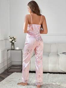 两件套女士印花仿丝性感睡衣套装，深V吊带背心和长裤家居服 - 粉色 - 查看 4