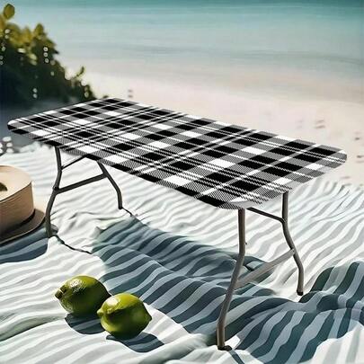 1pc Classic Black & White Checkered Pattern Elastic Outdoor Tablecloth - Suitable For Spring, Rectangular, Polyester Material, Applicable For Coffee Tables, Dining Rooms