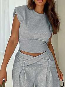 Camiseta casual de mujer de unicolor, con hombros acolchados, cuello redondo, manga corta, bajo acanalado, estilo callejero básico clásico (YY1191) para verano - Gris - Ver 4