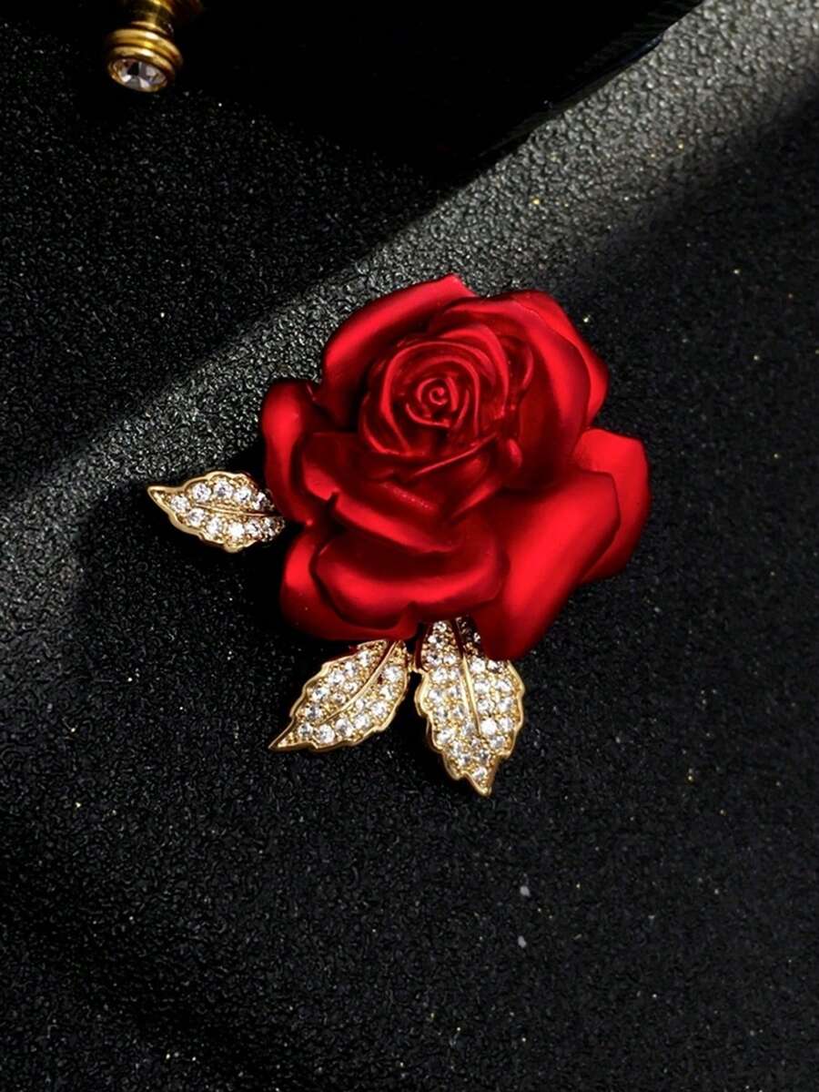 Broche de mujer con decoración de cristal en forma de rosa roja, de moda y versátil - Rojo - Ver 1