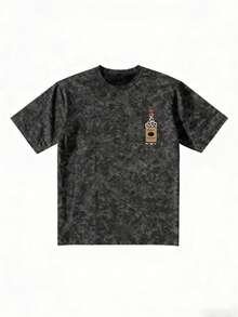 Vintage Washed Leopard Print Tito's Bottle Graphic T-Shirt, Y2K Retro Streetwear Oversized Tee, "Show Me Your Titos" Funny Slogan Top, Soft Casual T-Shirt Suitable For Summer, Festivals And Parties, High Street Style Black - Black - View 5