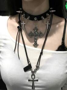 两件套哥特式安卡十字架吊坠项链，金属链和皮链套装，适合女性日常、派对、节日、音乐节等场合佩戴。 - 彩色 - 查看 14