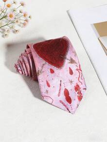 1pc Women's Red Heart & Flame Plant Pattern Silk Handmade Wide Necktie, Suitable For Casual, Street, Daily, Party, School, Date Outfit - Multicolor - View 2