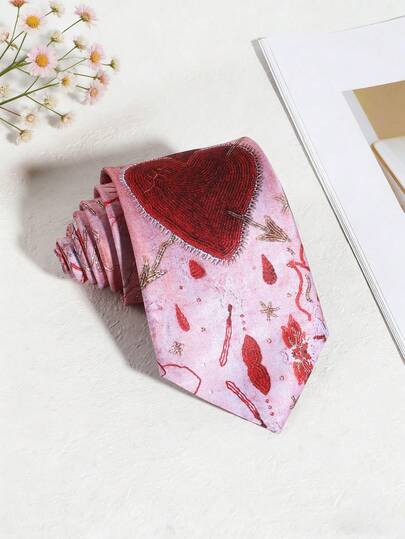 1 pieza Corbata ancha de seda con patrón de corazón rojo y llama, adecuada para atuendos casuales, de calle, diarios, de fiesta, escolares y de citas