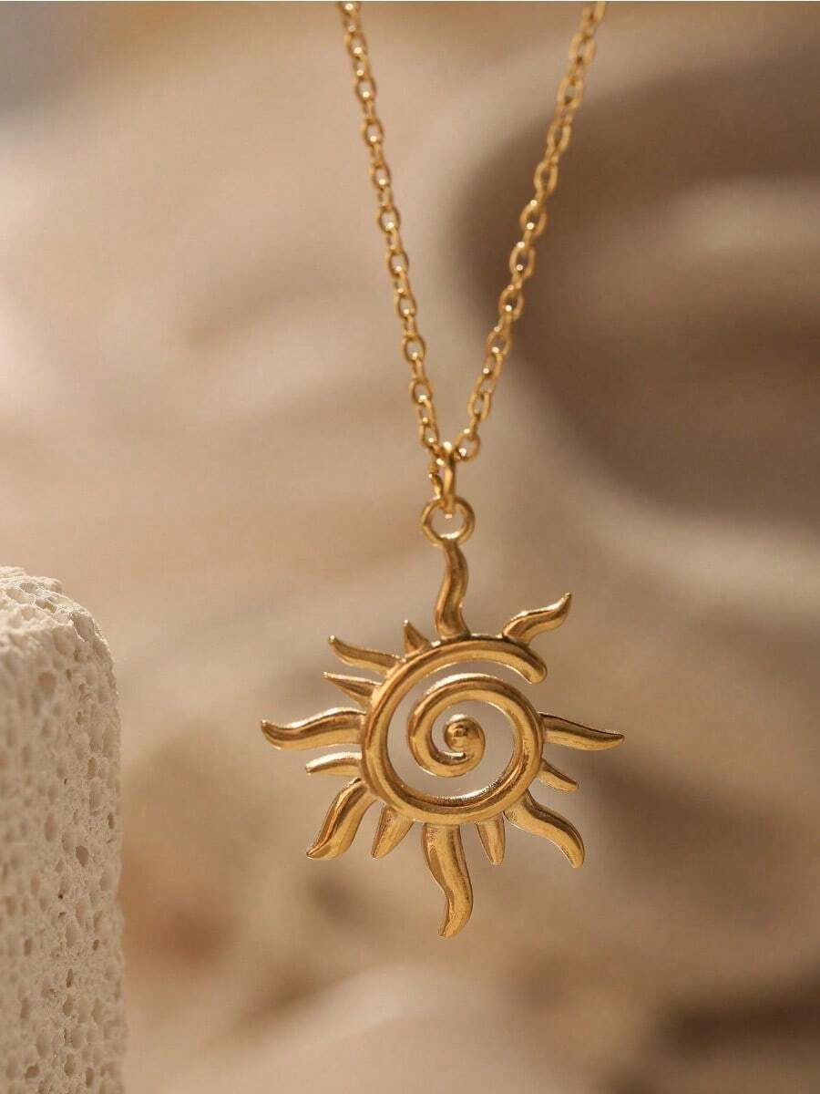 1pc Minimalist 18K Gold Plated Stainless Steel Sunburst Pendant Necklace, Spiral Design Choker, Elegant Summer Jewelry For Women, Daily Wear Gold Chain - 金色 - 查看 1