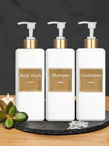 3pcs/Set 500ml Shampoo, Conditioner, Shower Gel Bottle Set, Bathroom Bottle Set With Gold Waterproof Label - Rectangular White Bottle - View 3