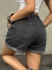 Women's Lightweight Summer Denim Shorts, Casual Loose Drawstring Elastic Waist, Cuffed Hem, Comfortable Vacation Denim Style - 煙黑 - 查看 6