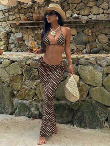 三件套波点印花挂脖黑色比基尼套装，性感露背夏季沙滩泳装，女士度假之选 - 彩色 - 查看 7