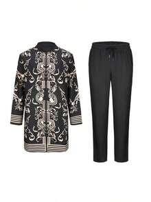 Men's Suit Long Sleeve Retro Printed Jacket And Casual Pants 2 Pieces African Style Men's Casual Fashion Traditional Suit - 黑色 - 查看 3