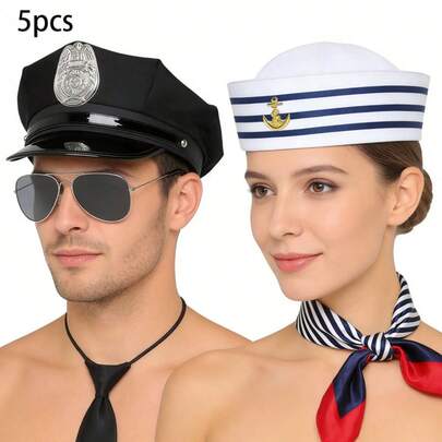 5件套万圣节情侣配饰套装 - 帽子、水手帽、眼镜、领带、围巾、派对角色扮演道具