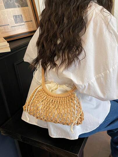 Bolsa de playa de verano 2026, bolso de hombro y bandolera de moda para mujer, mini bolso con diseño calado de tejido, bolso de paja con cordón