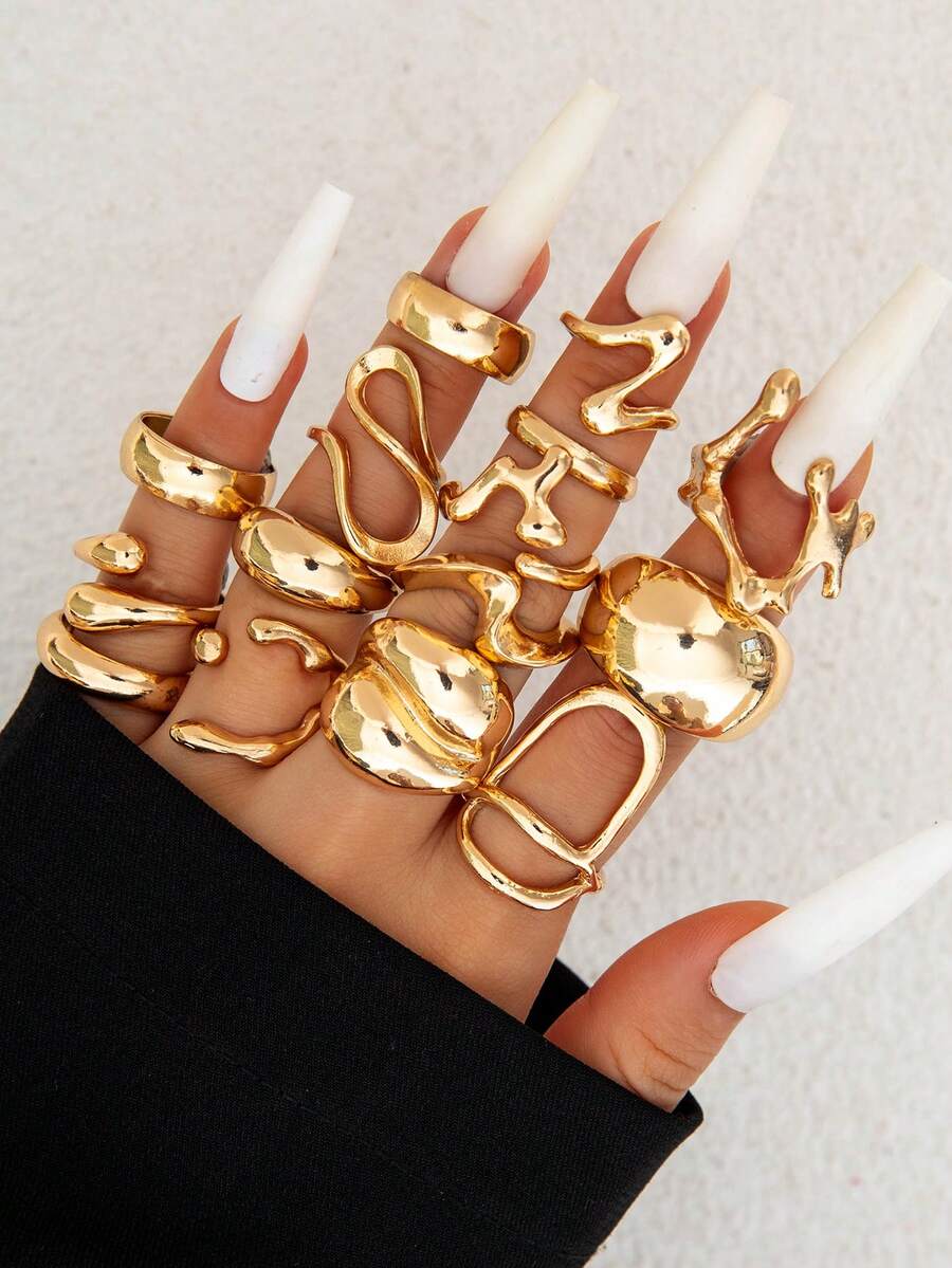 15pcs/Set Asymmetrical Geometric Textured Zinc Alloy Ring Set, Suitable For Women's Daily Stacking, Gift