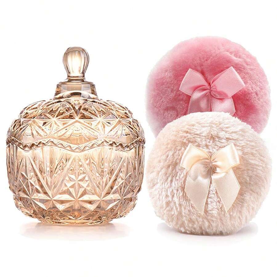 Luxury 4 Inch Glass Powder Container With 2 Soft Puffs For Loose Powder - 1 Beige 1 Pink Bow Puffs With Crown-amber - View 1