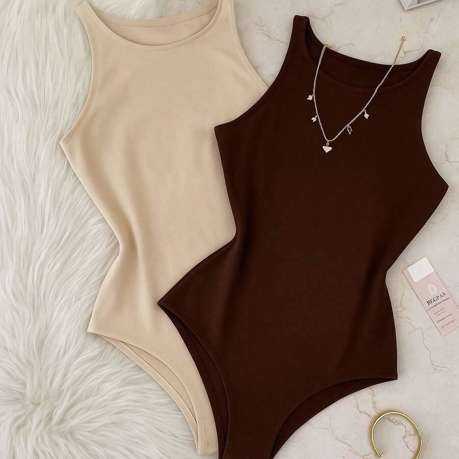 Set Of 2 Women's Basic Tank Top Bodysuits With Round Neck, Casual Style, Lined Second Skin, Chic And Timeless - 棕色/裸色 - 查看 1