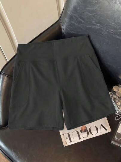 Quần short nữ cỡ lớn cạp cao, co giãn, ôm sát, có đệm bụng, kiểu dáng thường ngày, túi xẻ bên hông, thích hợp cho hoạt động ngoài trời, thể thao mùa xuân/hè.