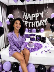 18-70pcs Women's Purple Birthday Decoration Set - Designed For Women's Birthday Celebrations, Silver "Happy Birthday" Banner, Black Heart-Shaped Foil Balloons, Soft Purple Thick Latex Balloons, Perfect For Birthday Party Decor, Anniversary, Hotel Midnight Birthday Party, Holiday Gifts, Party Supplies, Essential For Party Decoration. - Multicolor - View 6